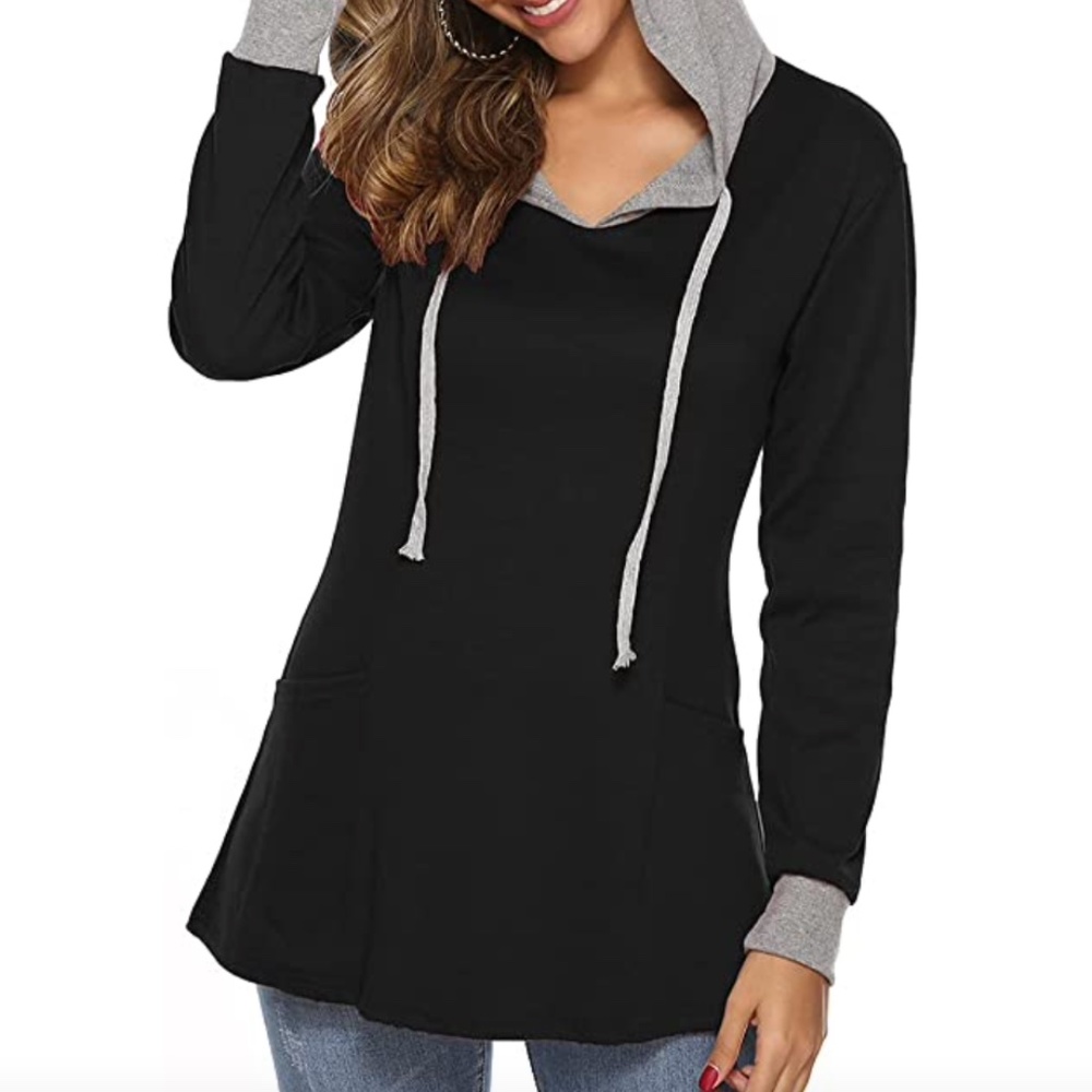 NWT Black and Gray Long Sleeve Tunic Hoodie with Pockets, size Small